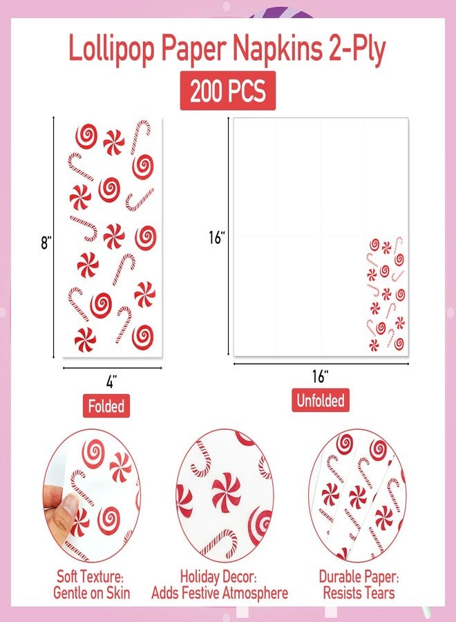 CODOHI 200 Pack Christmas Guest Napkins - Festive Candy Cane & Candy Design - 2-Ply Disposable Paper Napkins - 16x16 Inch - Ideal for Xmas, Holidays, and Parties - Image 2